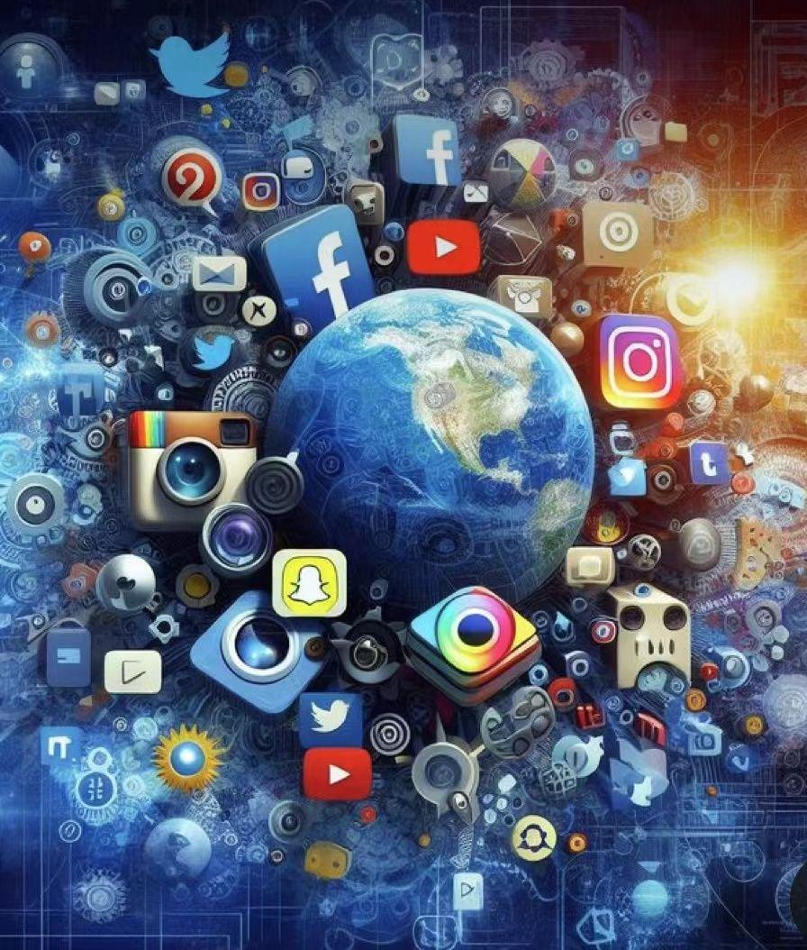 A digital illustration of Earth surrounded by various social media icons, representing global connectivity and communication.