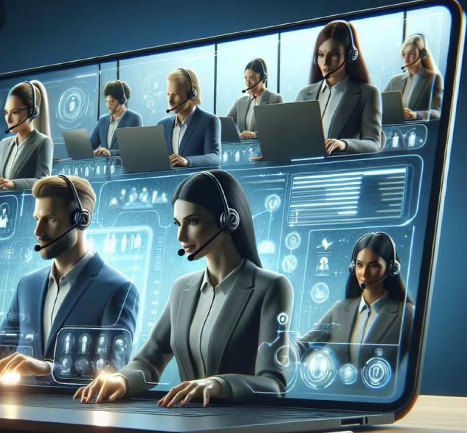 Multiple people wearing headsets working on laptops surrounded by futuristic digital interfaces.