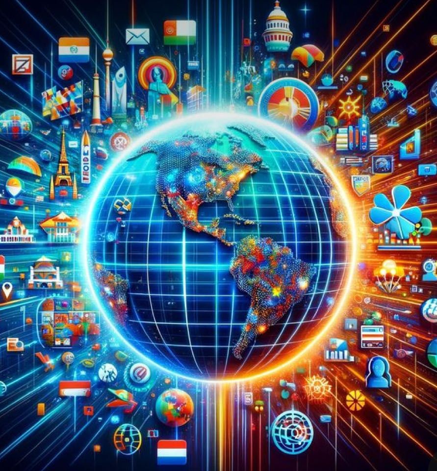 Digital representation of the Earth surrounded by various colorful icons and symbols representing global connectivity and communication.