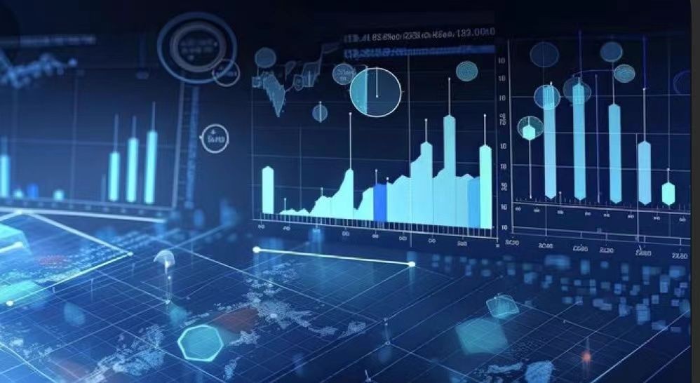 Digital illustration featuring various graphs and charts on a dark blue background, representing data analysis and statistics.